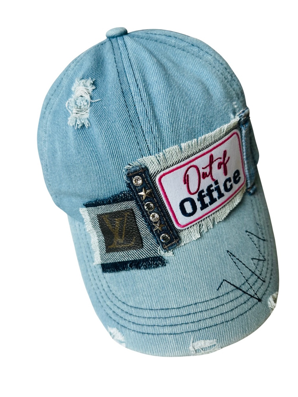 Upcycled Denim Trucker Hat Out of Office LV Canvas Patch New